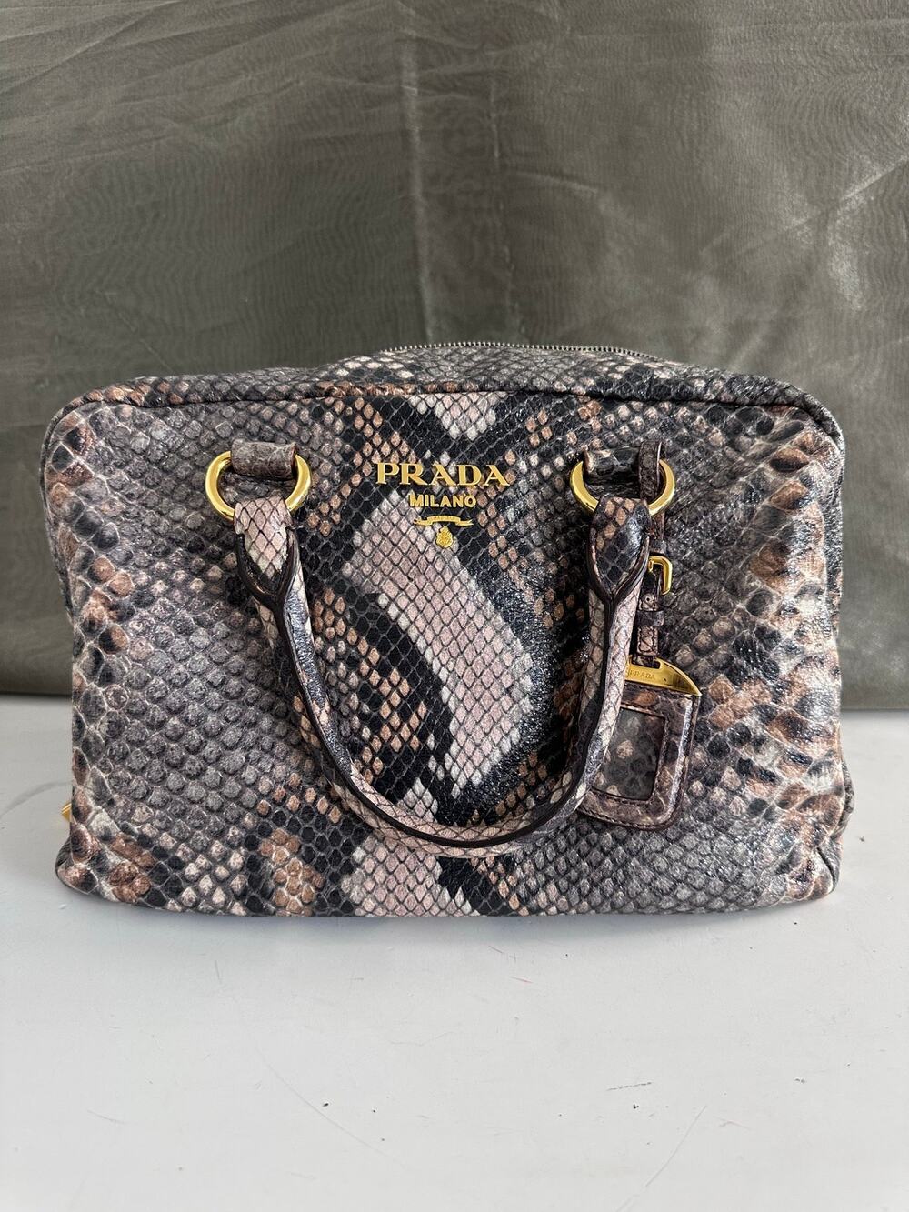 Prada Natural Snake Print Cervo Lux Leather Bauletto Bag